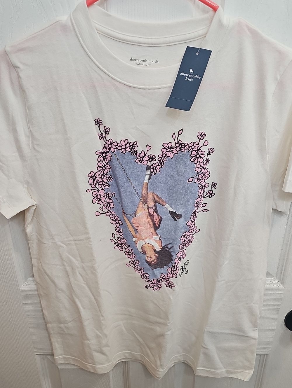 abercrombie kids White Tee with Pink Floral Heart and Swing Graphic